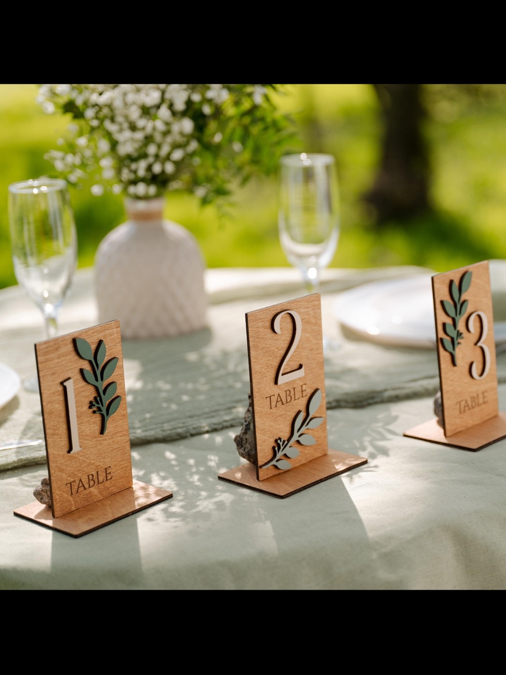 Wooden Table Number Set with Green Leaf Accents - Tables 1-13